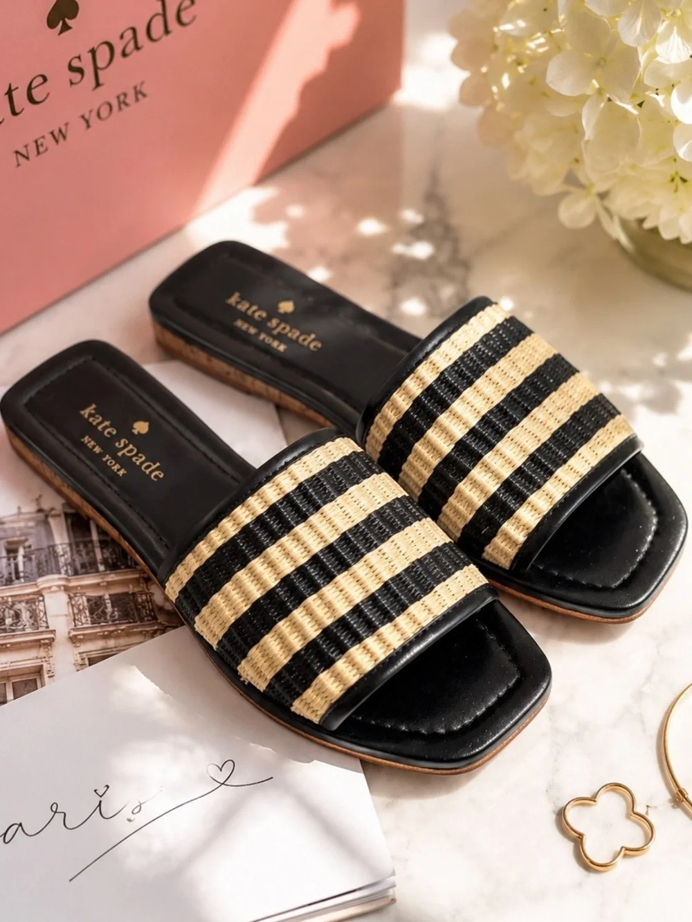 NWOT Kate Spade New York ‘Juiliane’ Raffia Slide Sandals in Black Stripe Sz 5.5